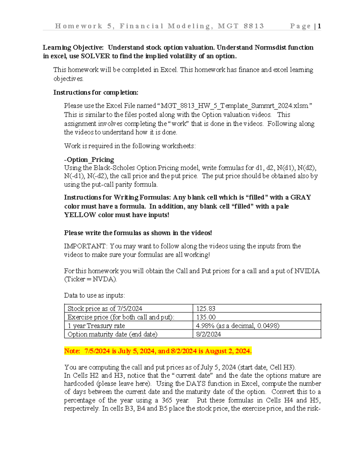 MGT 8813 Homework 5 Instructions Summer 2024 - H o m e w o r k 5 , F i ...