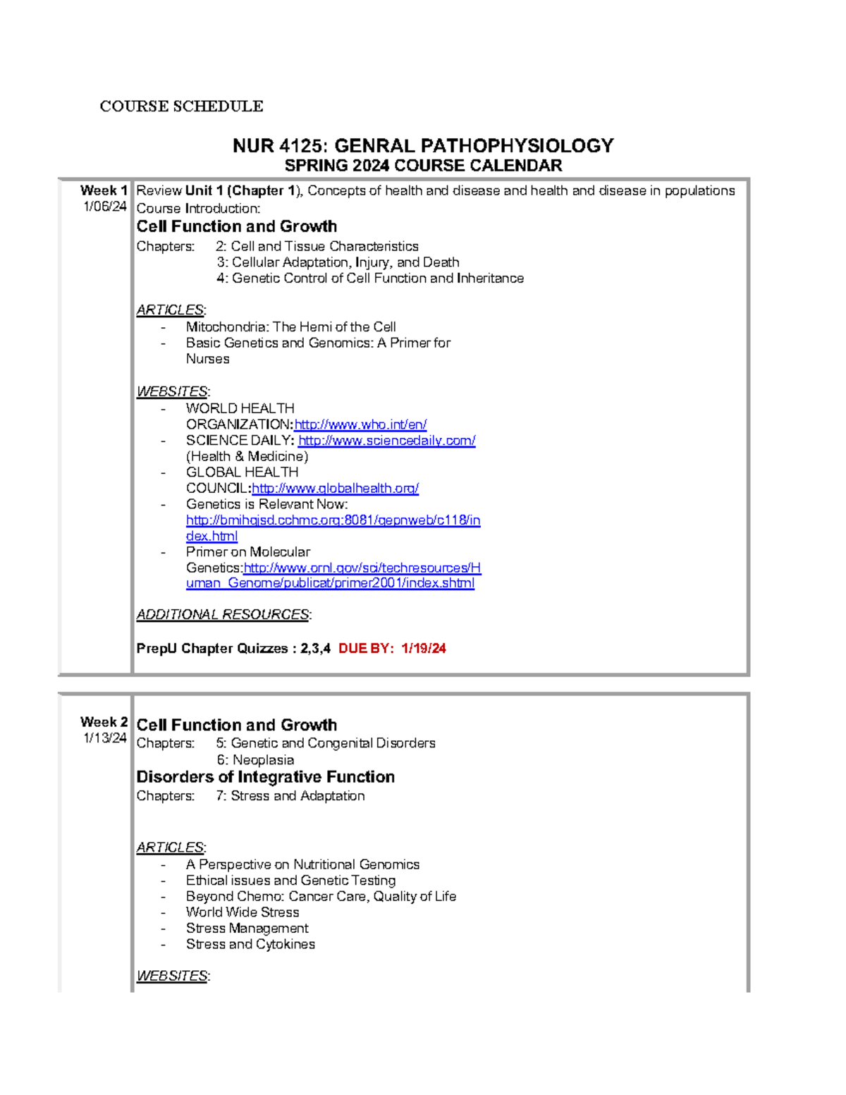 Course Schedule NUR 4125 Spring 2024 COURSE SCHEDULE NUR 4125 GENRAL