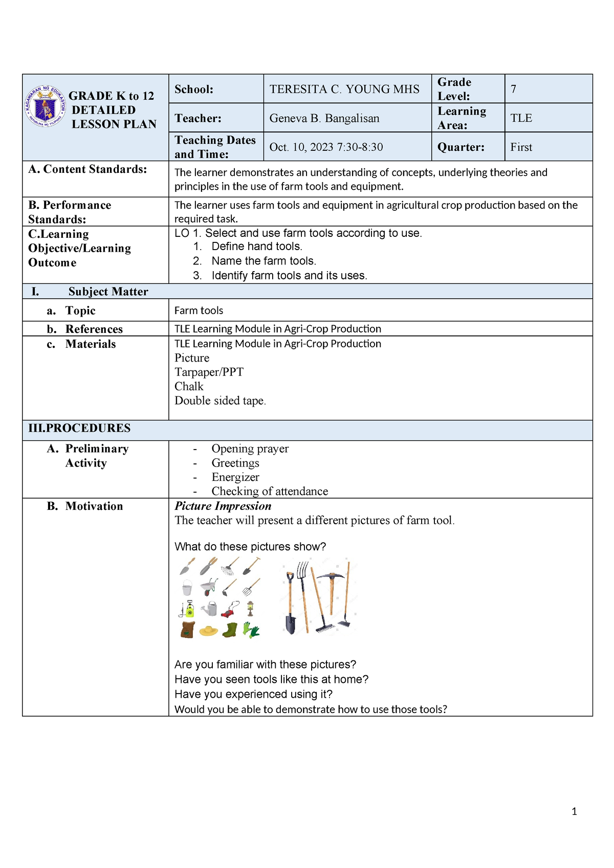 TLE 7 Lp1 - LSson plan for TLE Agricrop - GRADE K to 12 DETAILED LESSON ...