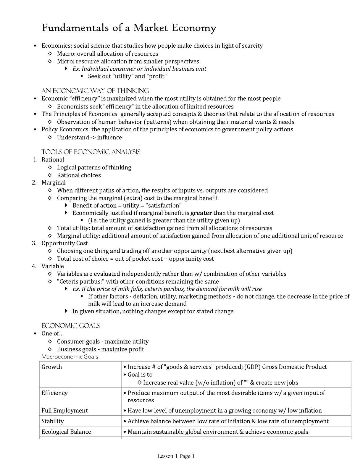 Fundamentals of a Market Economy [lesson 1notes] - Economics: social ...