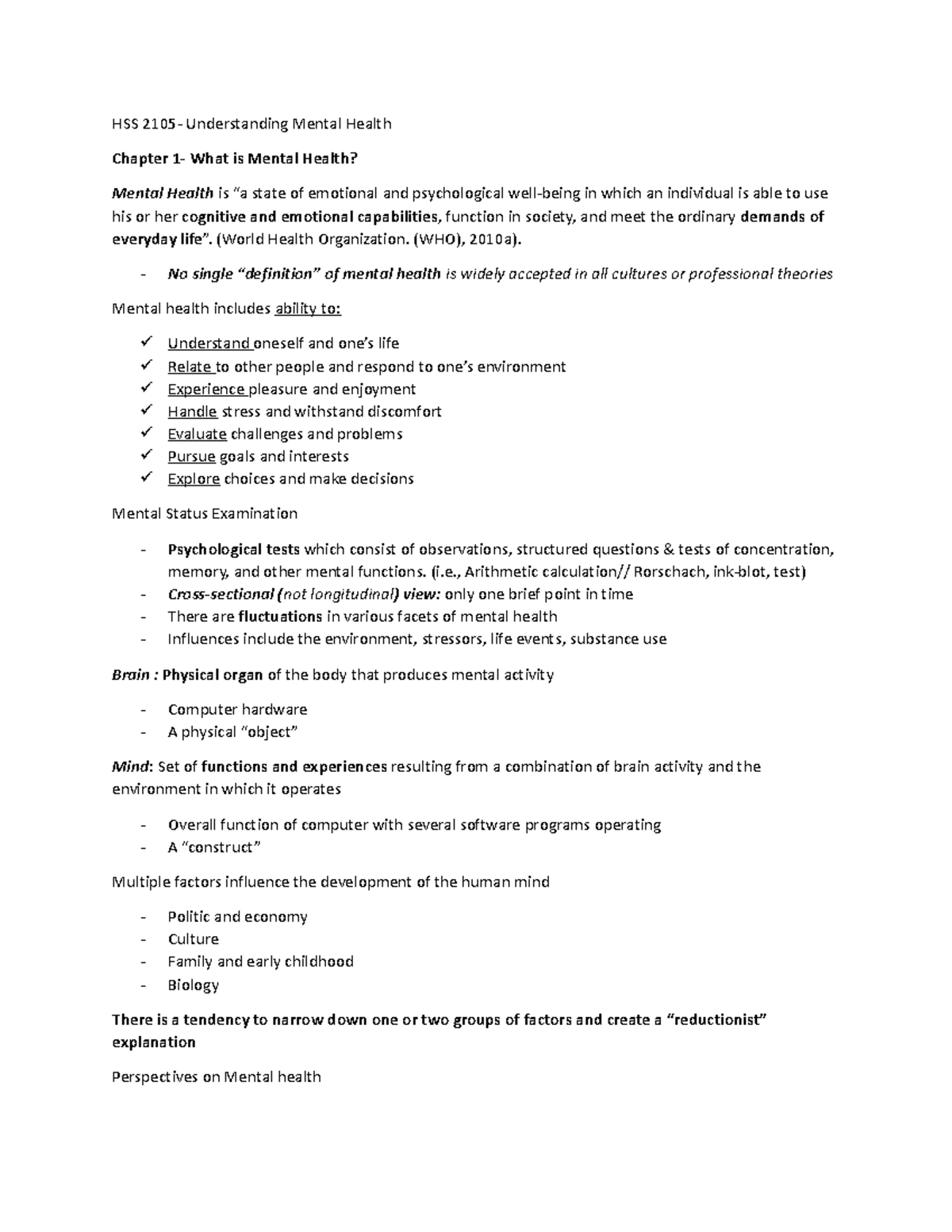 Understanding Mental HSS 2105 Course Notes - HSS 2105- Understanding ...