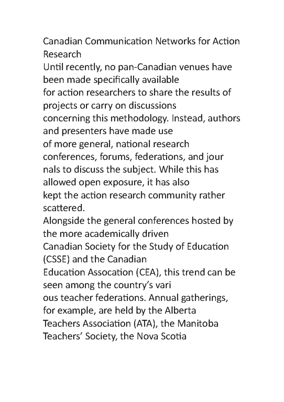 Canadian Communication Networks for Action Research Canadian