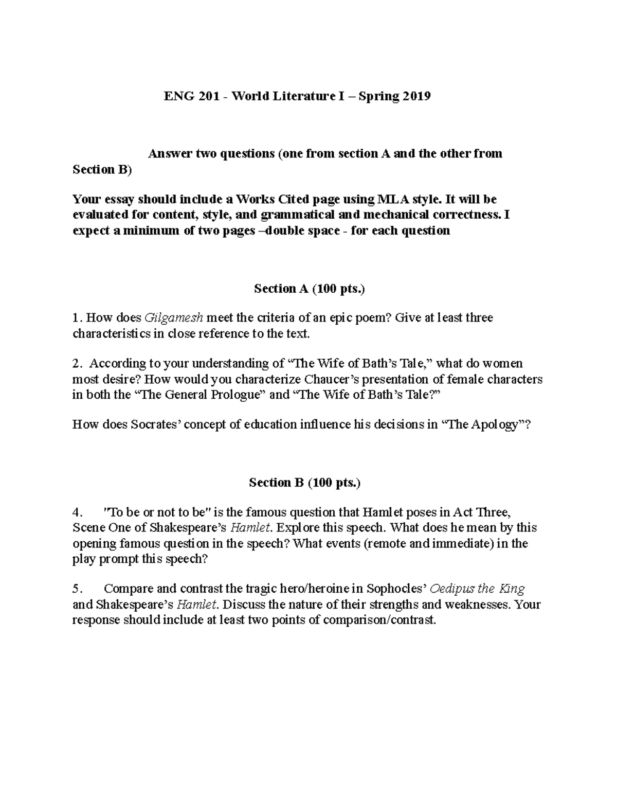 Final Exam Eng 201 Eng 201 Eng 201 World Literature I Spring Final Exam Eng 201 Eng 201 Eng 201 World Literature I Spring