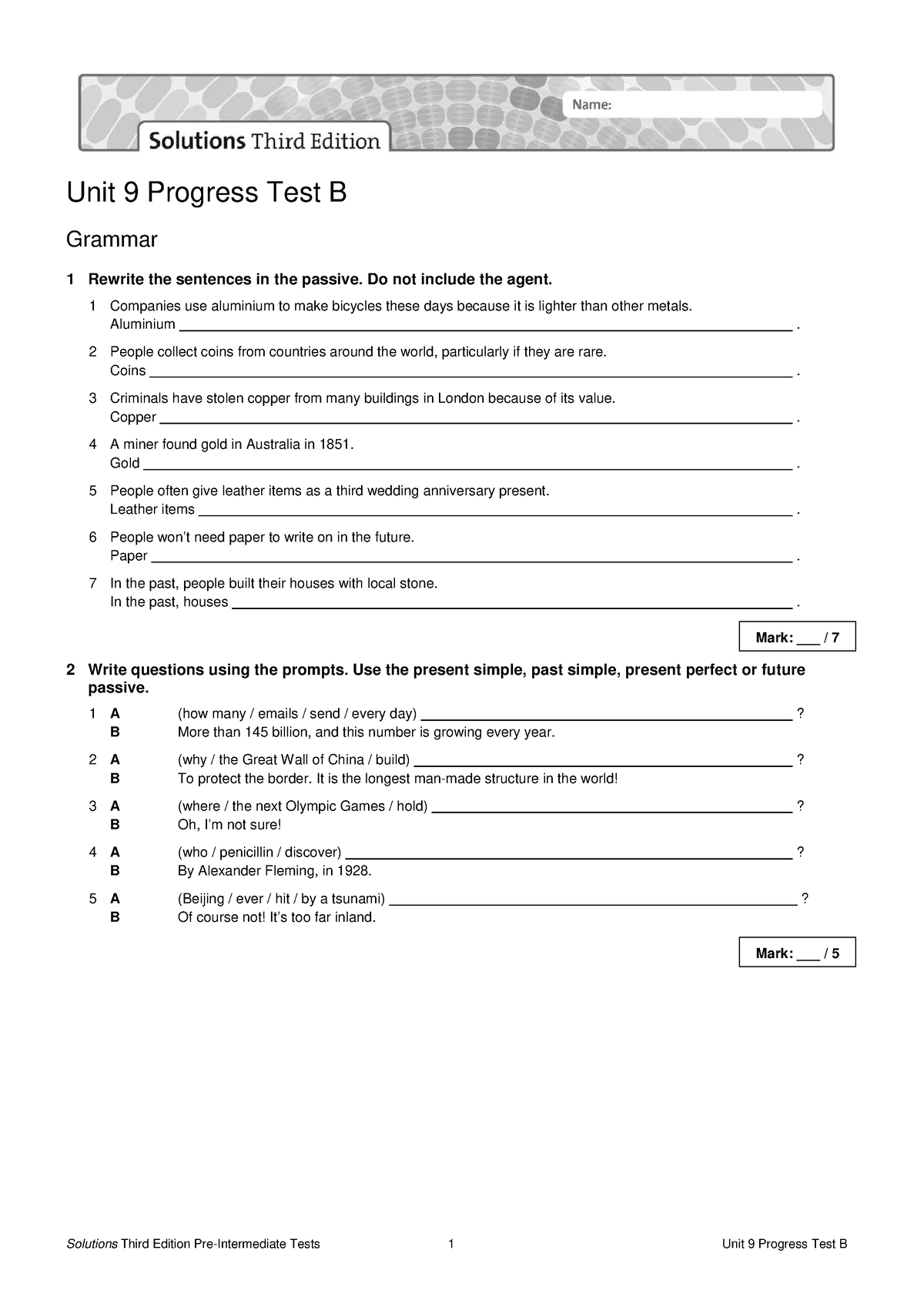 Sol3e Preint U9 Progress Test B - Unit 9 Progress Test B Grammar 1 ...