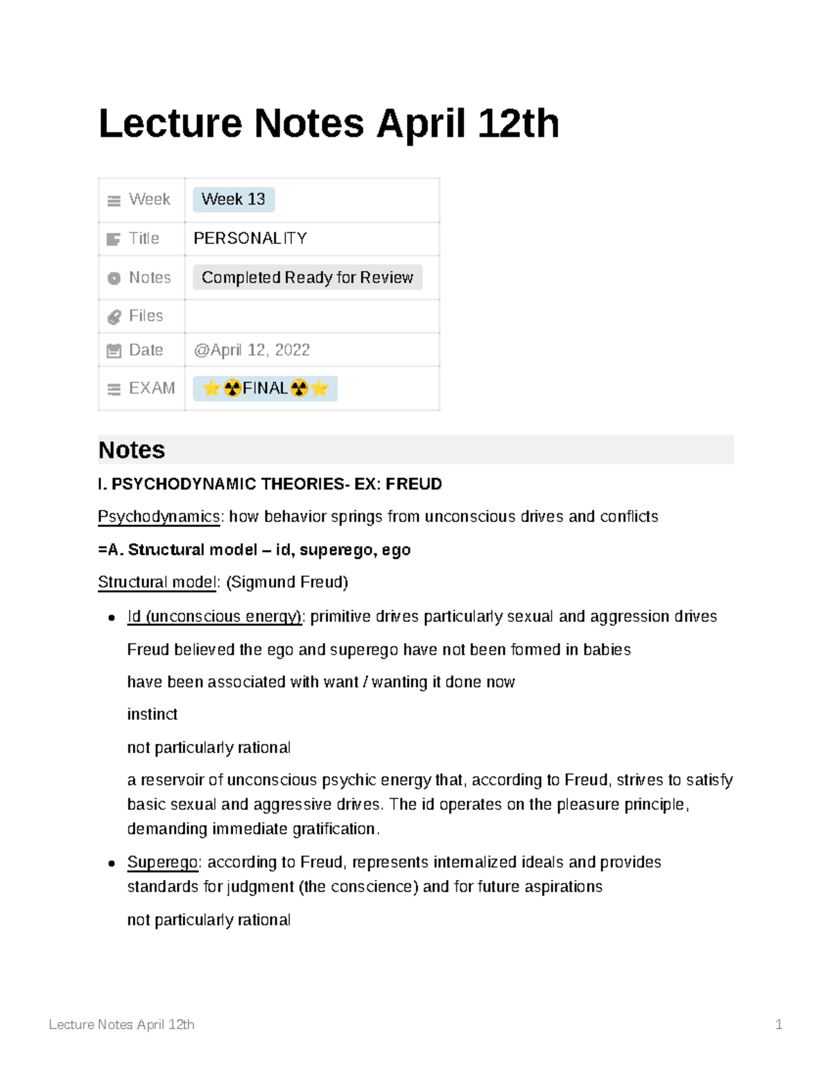 Lecture Notes April 12th - PSYCHODYNAMIC THEORIES- EX: FREUD ...