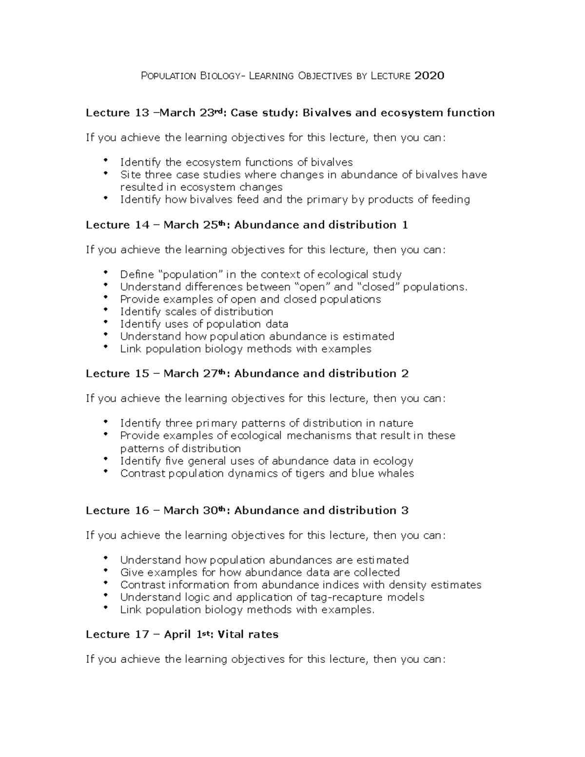 ECOL111 Learning Objectives POPULATION BIOLOGY LEARNING OBJECTIVES