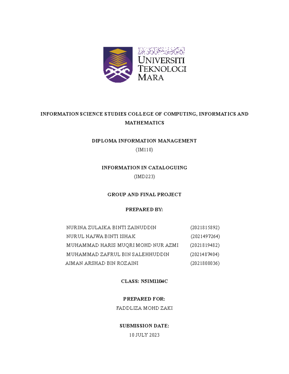 Final Project Imd223 Assignment Information Science Studies College