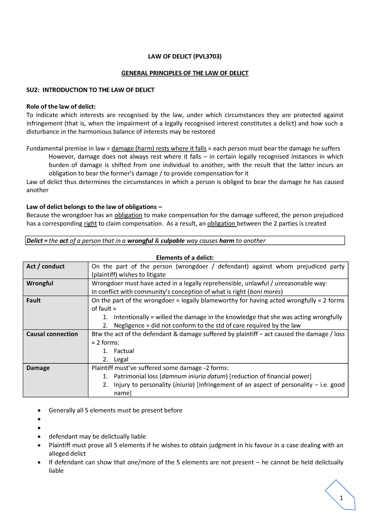 Law Of Delict Notes - LAW OF DELICT (PVL3703) GENERAL PRINCIPLES OF THE ...