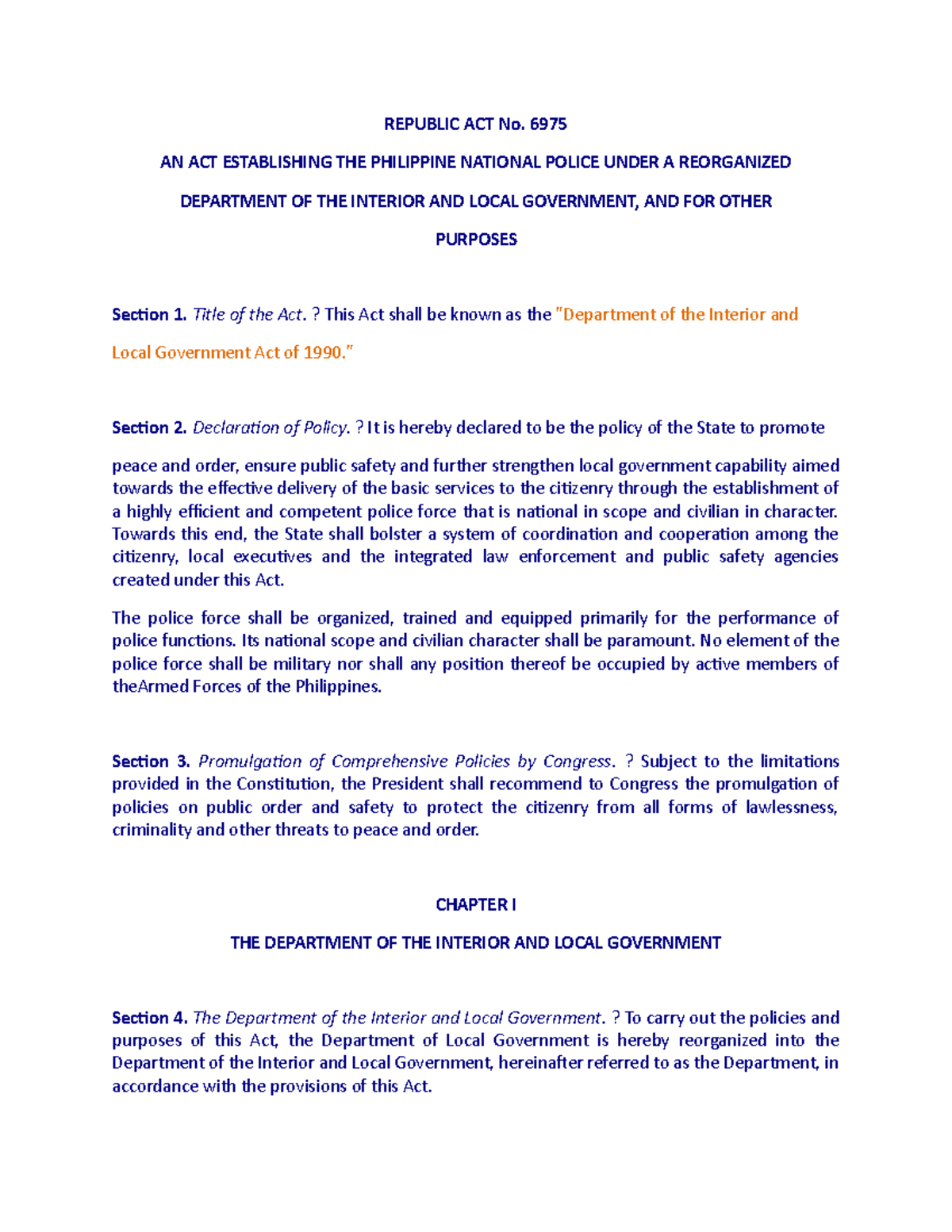 Reviewer for LEA - REPUBLIC ACT No. 6975 AN ACT ESTABLISHING THE ...