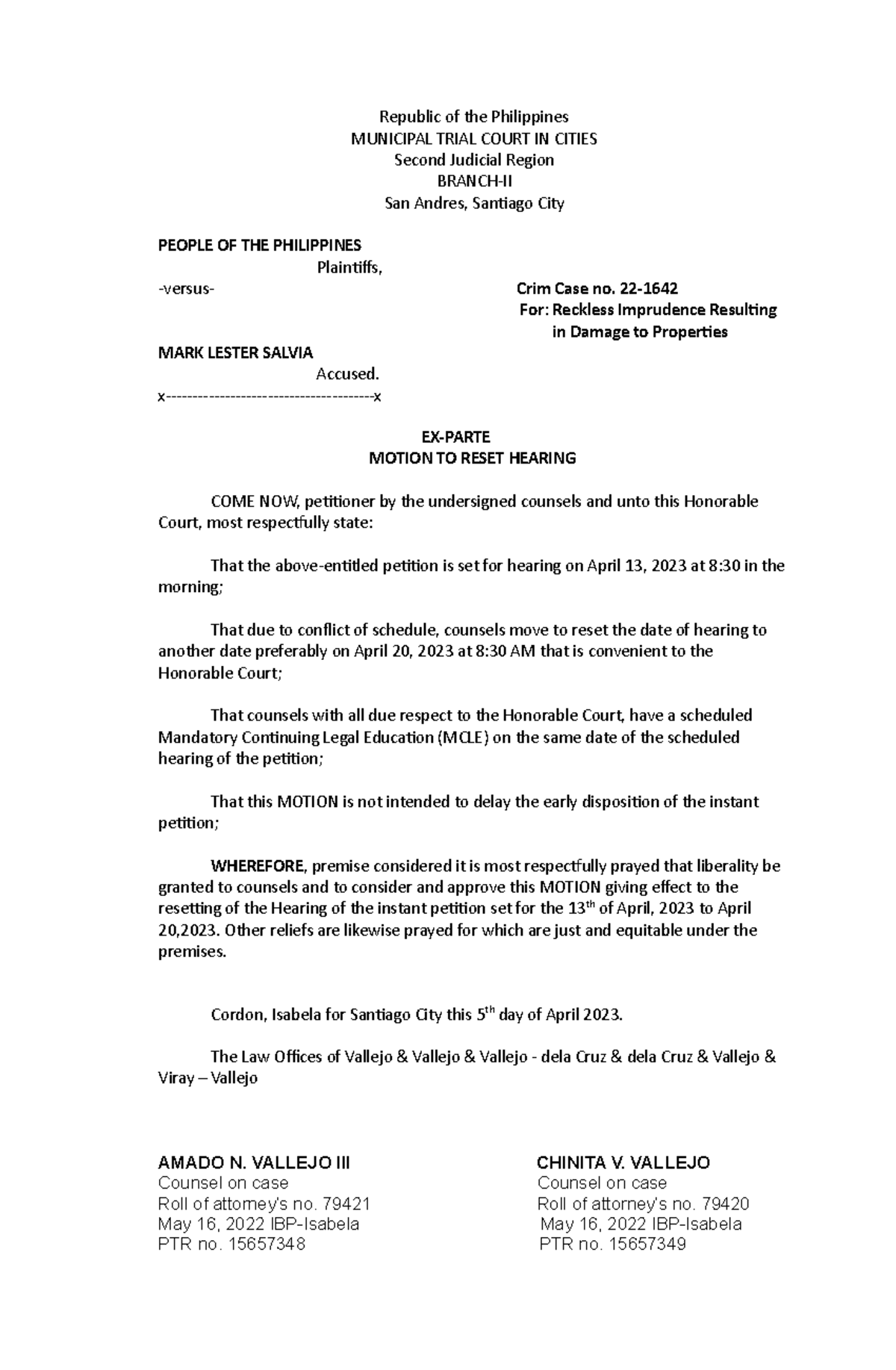 Motion to reset Sample Republic of the Philippines MUNICIPAL TRIAL