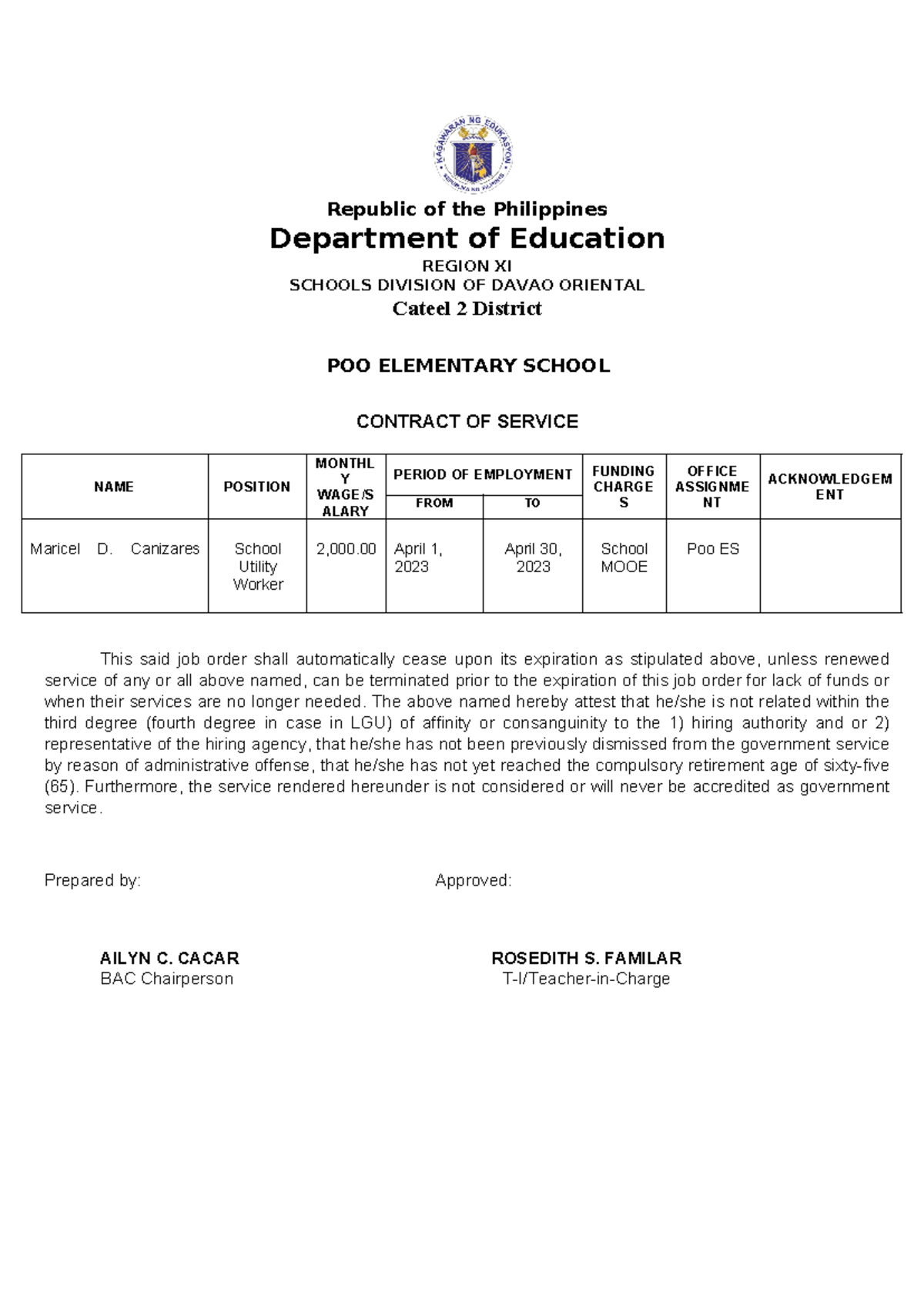 Contract of Service-local - Republic of the Philippines Department of ...