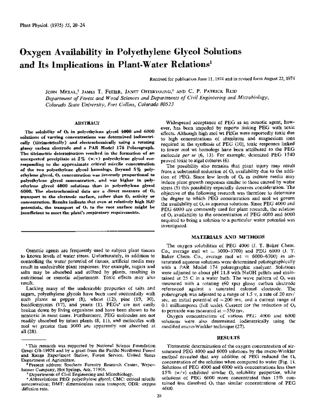 Oxygen Availability in Polyethylene Glyc - Plant Physiol. (1975) 55, 20 ...