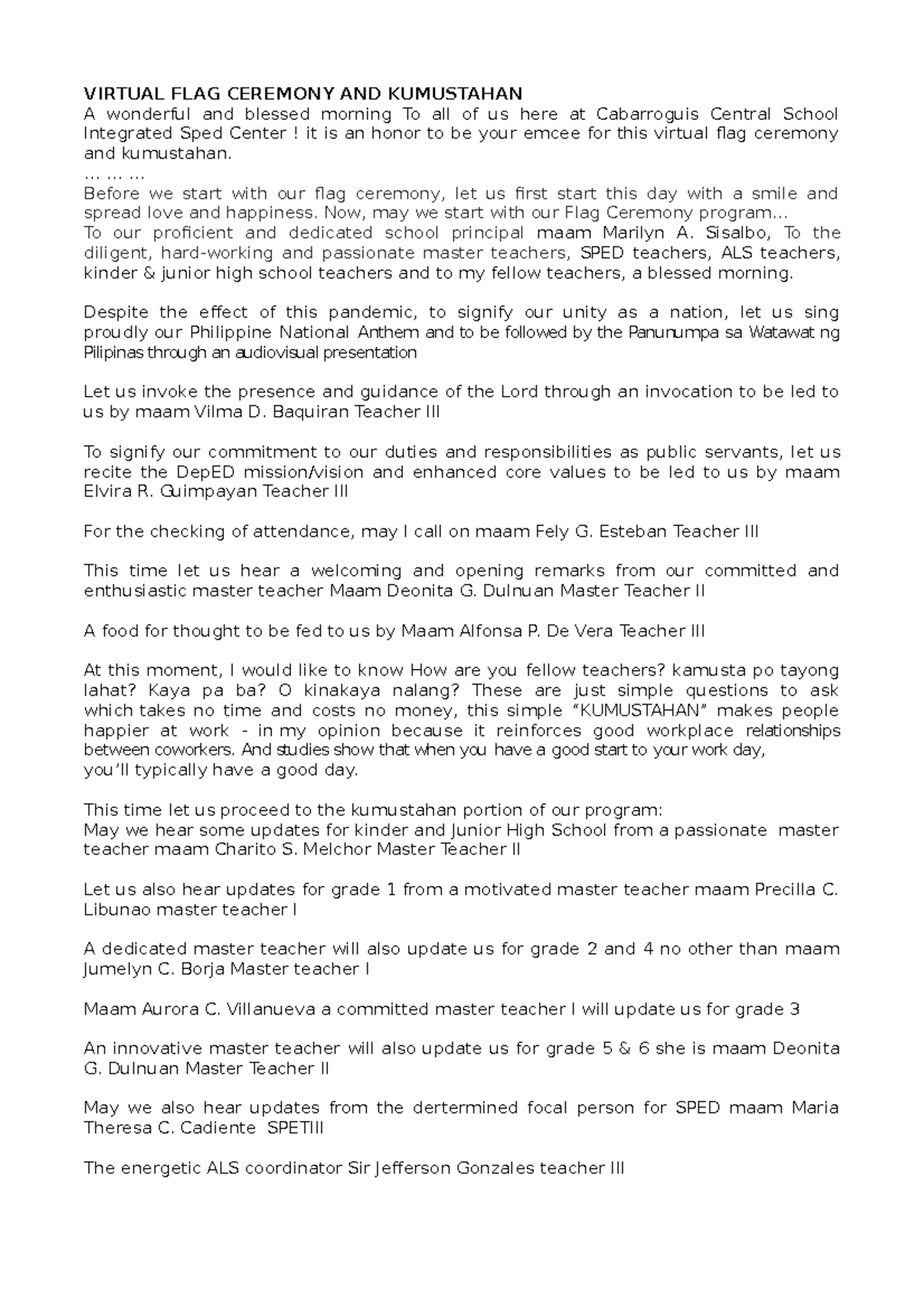 Virtual FLAG Ceremony AND Kumustahan Script VIRTUAL FLAG CEREMONY AND