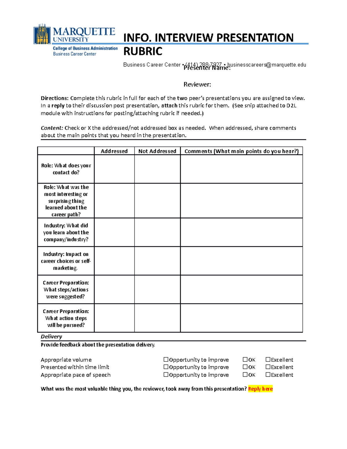 Peer Review Rubric for Informational Interviews - Presenter Name ...