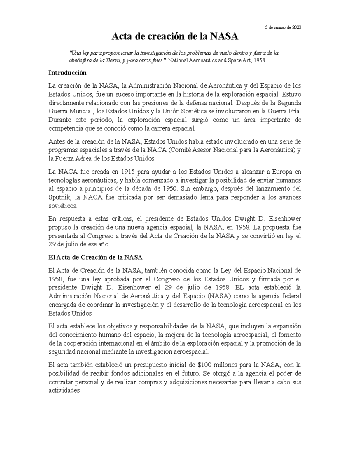 Acta NASA - Acta de creación de la NASA - 5 de marzo de 2023 Acta de ...