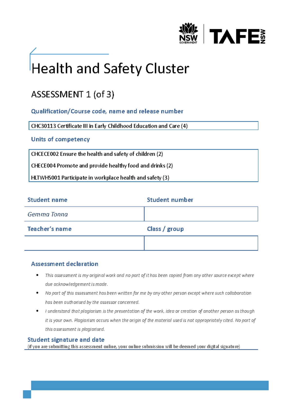 Cl Health Safety A 1 (of3)V1 Health and Safety Cluster ASSESSMENT 1