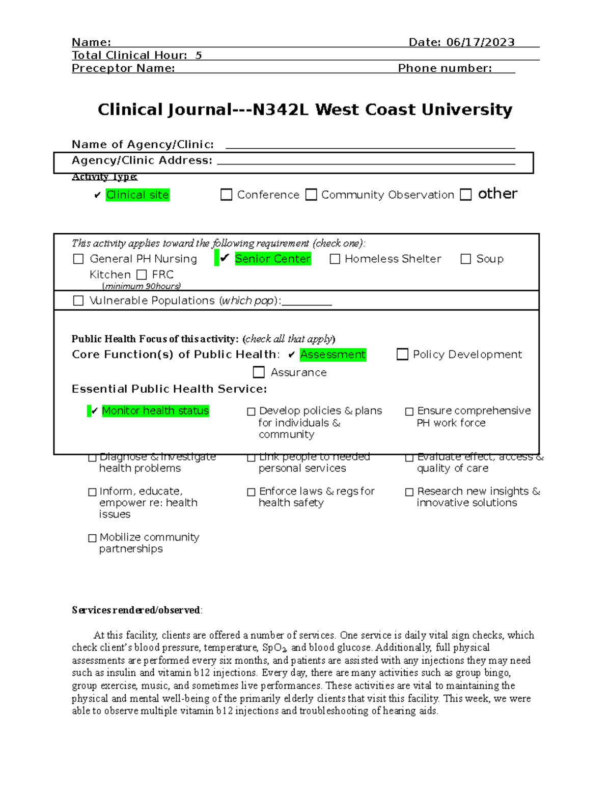 NURS 342L - Week 2 Journal - Name: Date: 06/17/ Total Clinical Hour: 5 ...