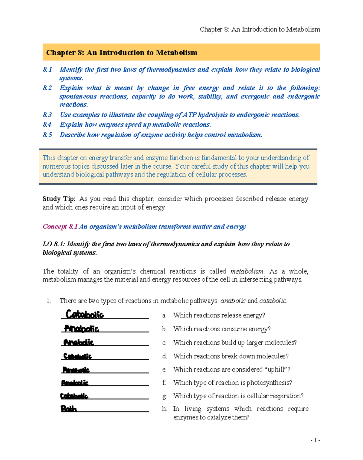 Chapter 8 ARN - Help - Chapter 8: An Introduction to Metabolism 8 ...