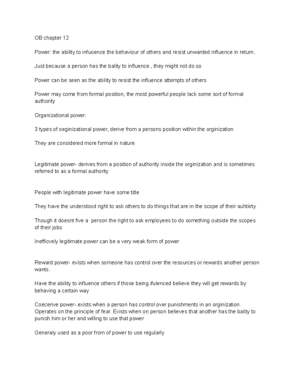 OB chapter 12 - lecture - OB chapter 12 Power: the ability to infuoence ...