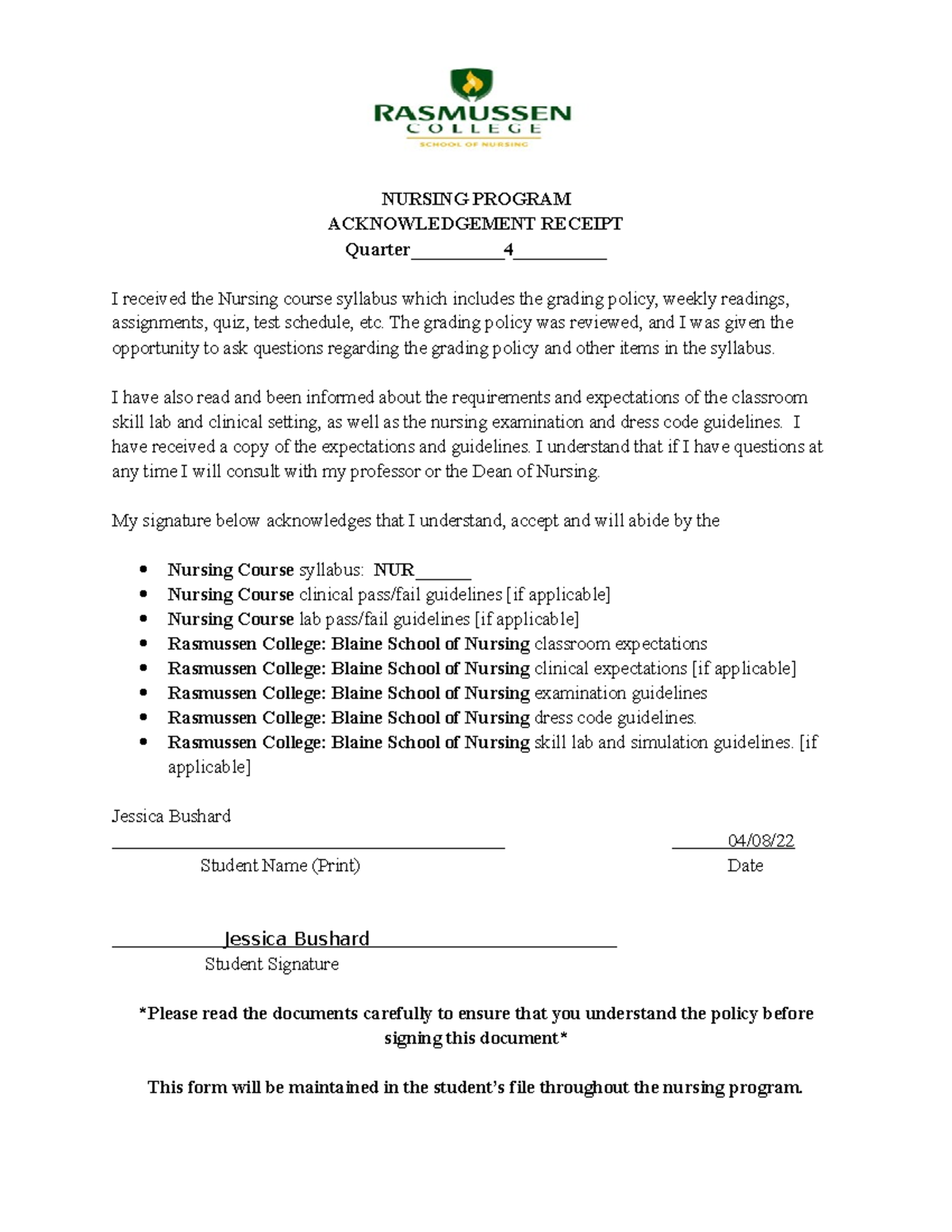 Acknowledgement form Taco bell in las plabanos NURSING PROGRAM ACKNOWLEDGEMENT RECEIPT Studocu