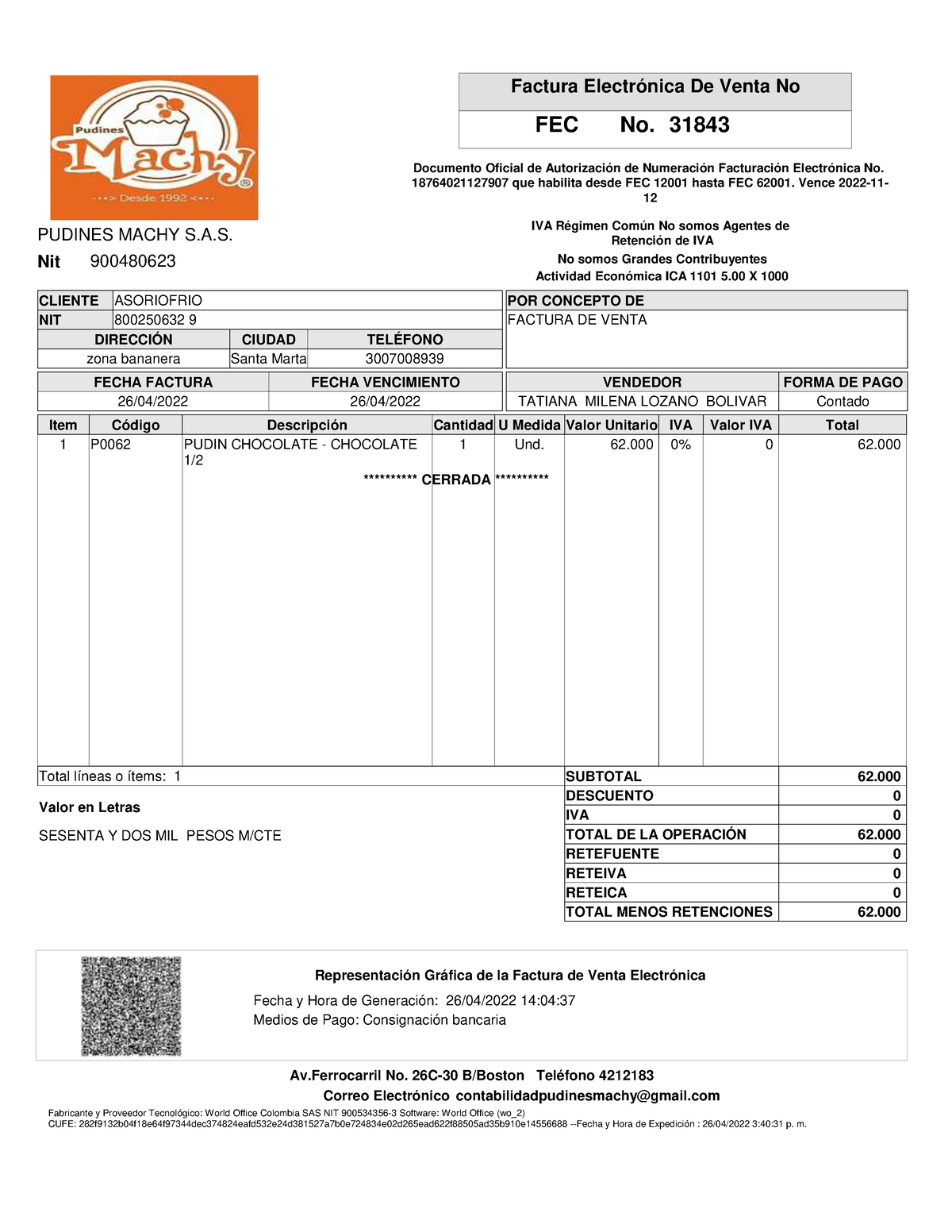 Asoriofrio - modelo de facturas - Nit 900480623 Factura Electrónica De  Venta No FECHA FACTURA 26/04/ - Studocu