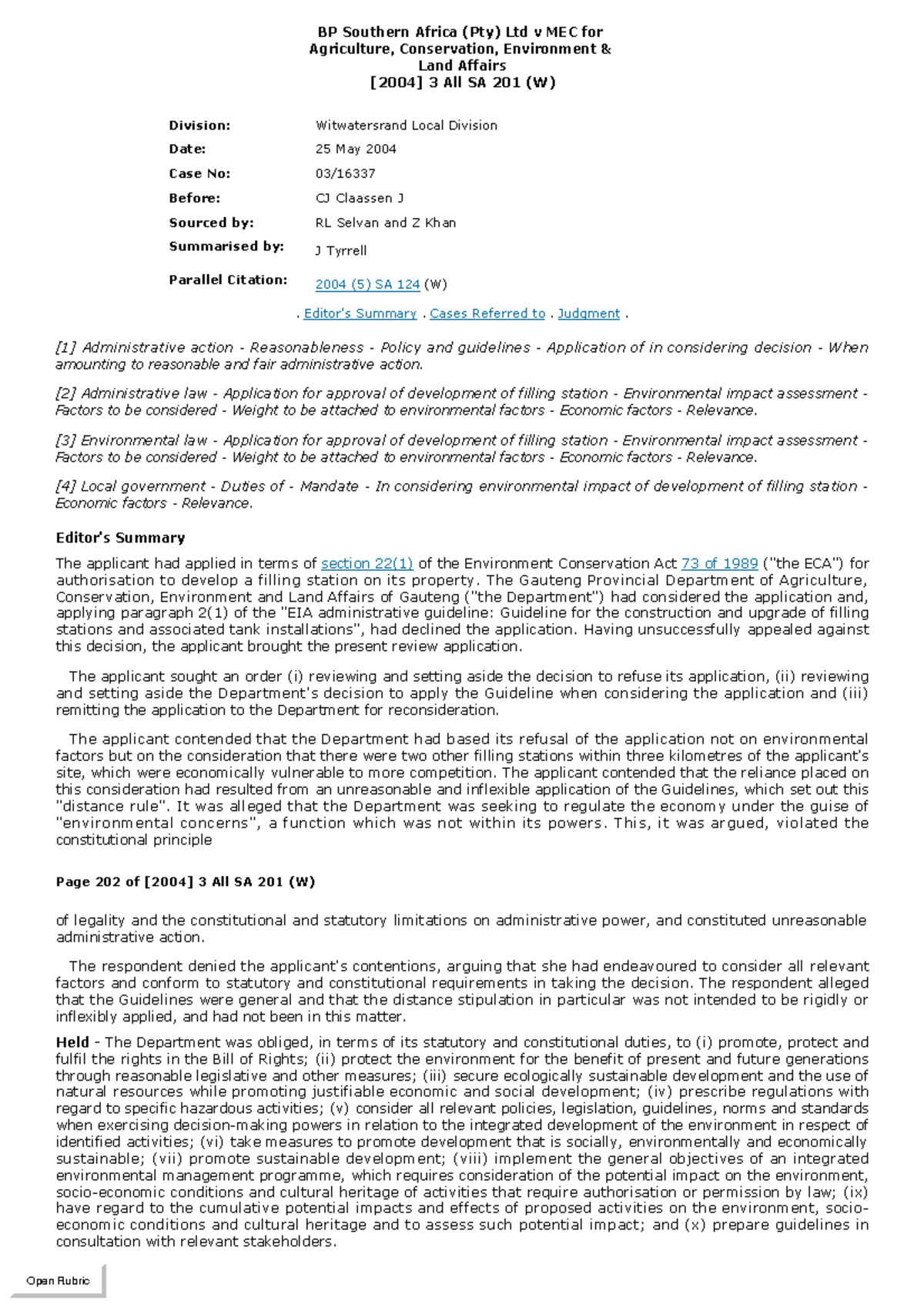 BP South African case - BP Southern Africa (Pty) Ltd v MEC for - Studocu