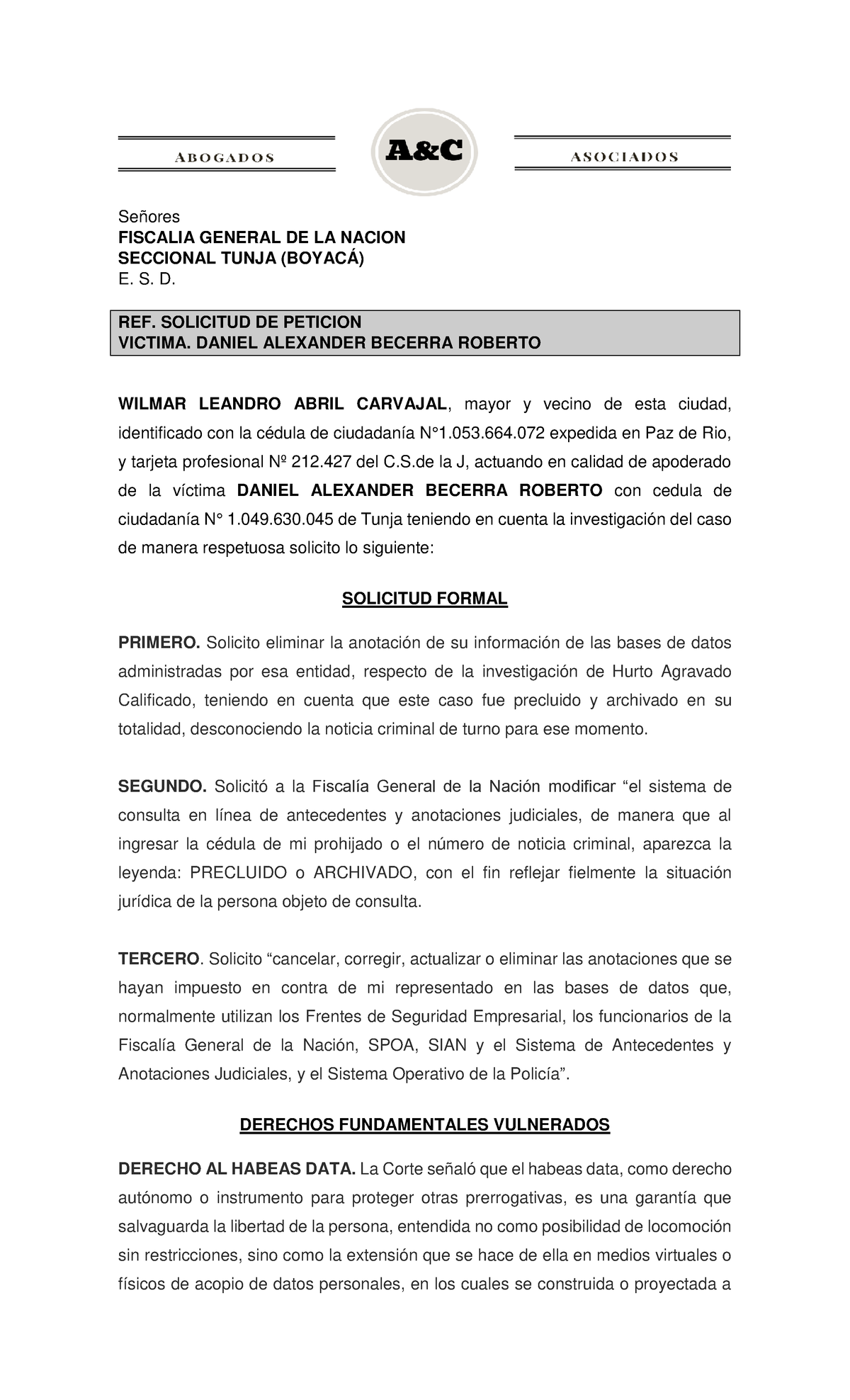 Solicitud DE Peticion Daniel Alexander Becerra - Señores FISCALIA ...