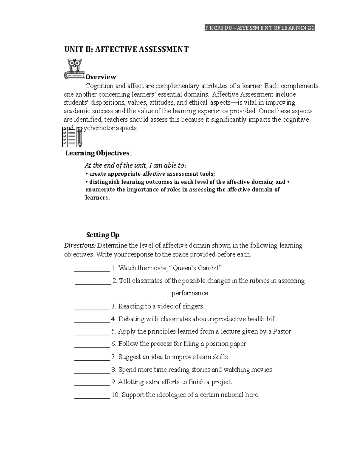 Affective Assessment Prof Ed 8 P R Ofe D 8 3 Asse Ssm E N T Of Le Ar N In G 2 Unit Ii