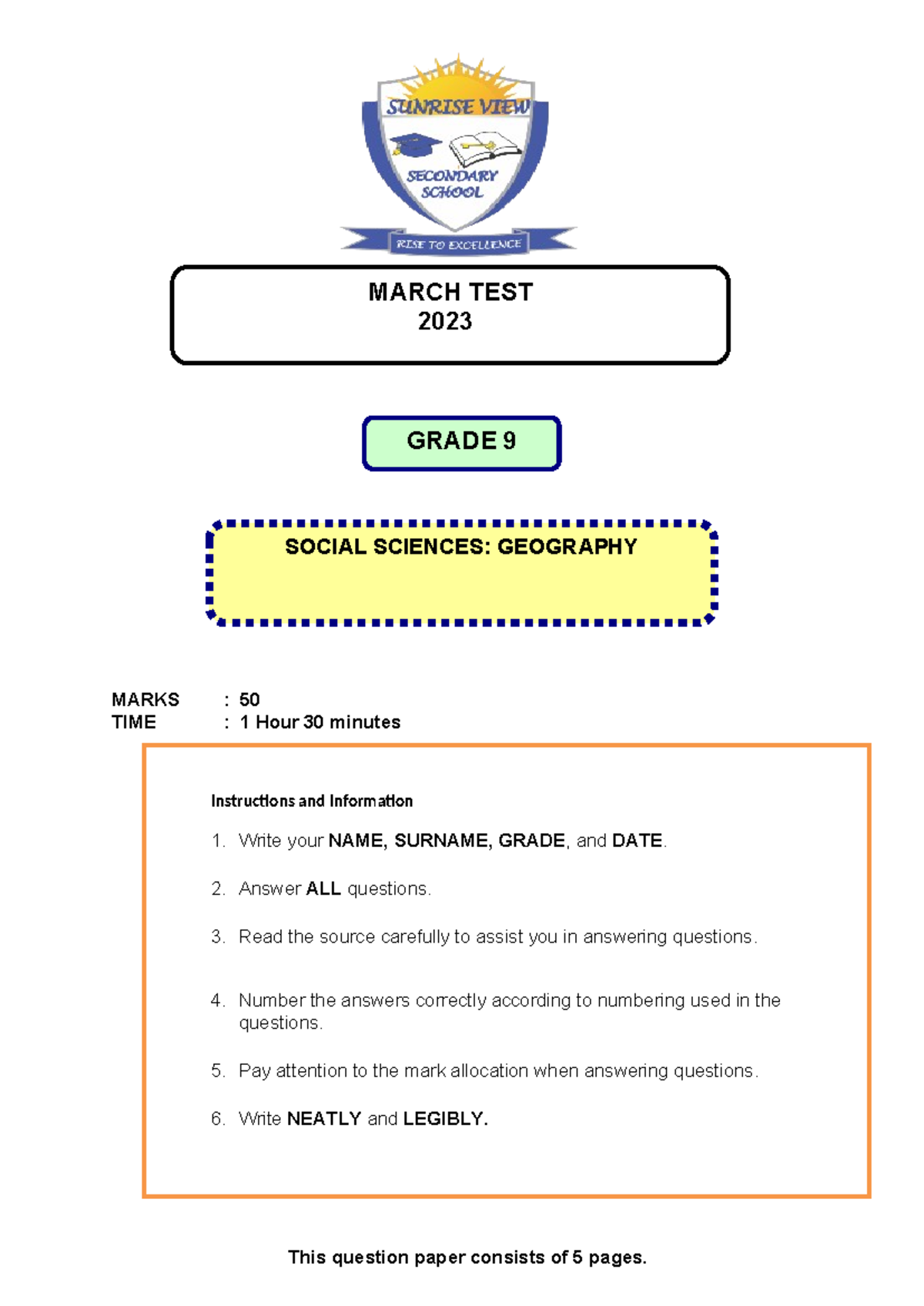 Geography GRD 9 TERM 1 TEST - MARKS : 50 TIME : 1 Hour 30 minutes This ...