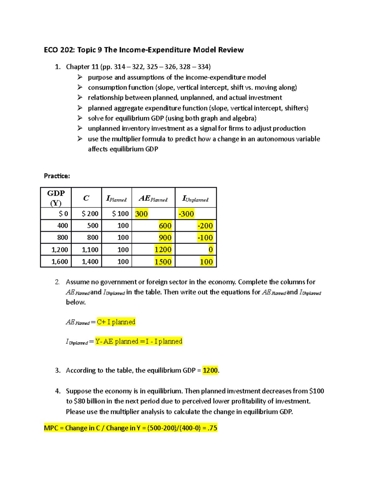 Topic 9 Answers - ECO 202: Topic 9 The Income-Expenditure Model Review ...