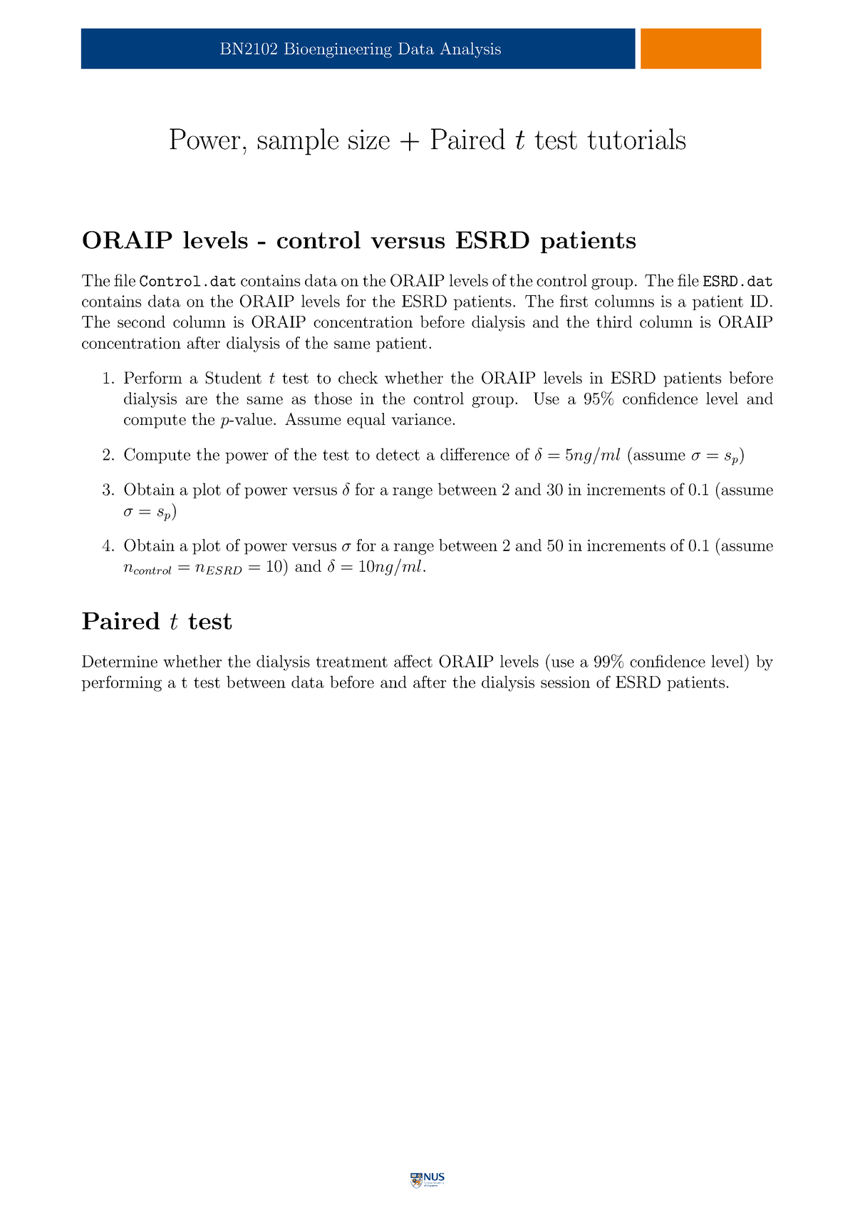 Power Sample Size Tutorial - BN2102 Bioengineering Data Analysis Power ...