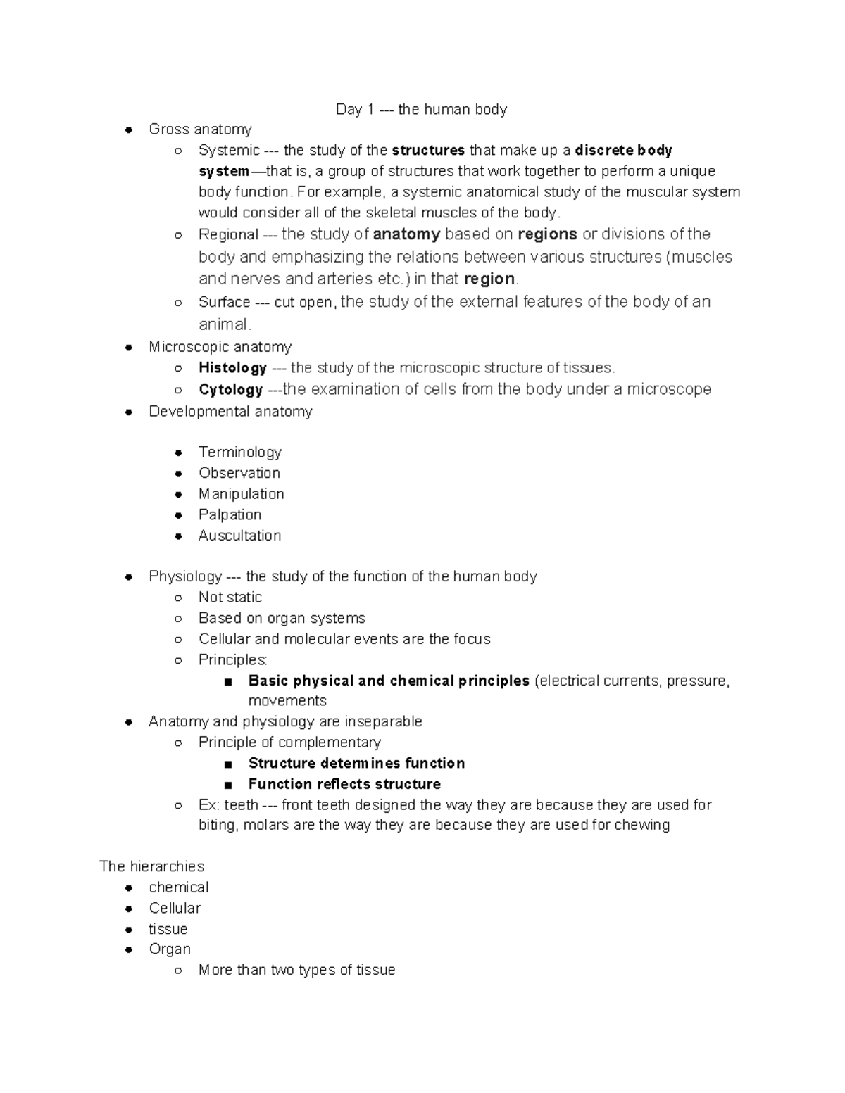 Anatomy - some lecture notes before mt 1 - Day 1 - the human body Gross ...
