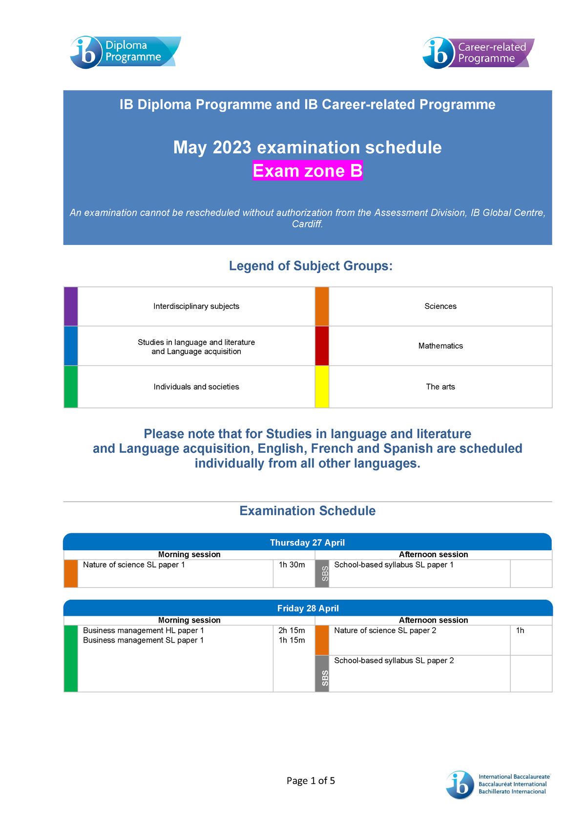 Exam Schedule Zone B - IB Diploma Programme And IB Career-related ...