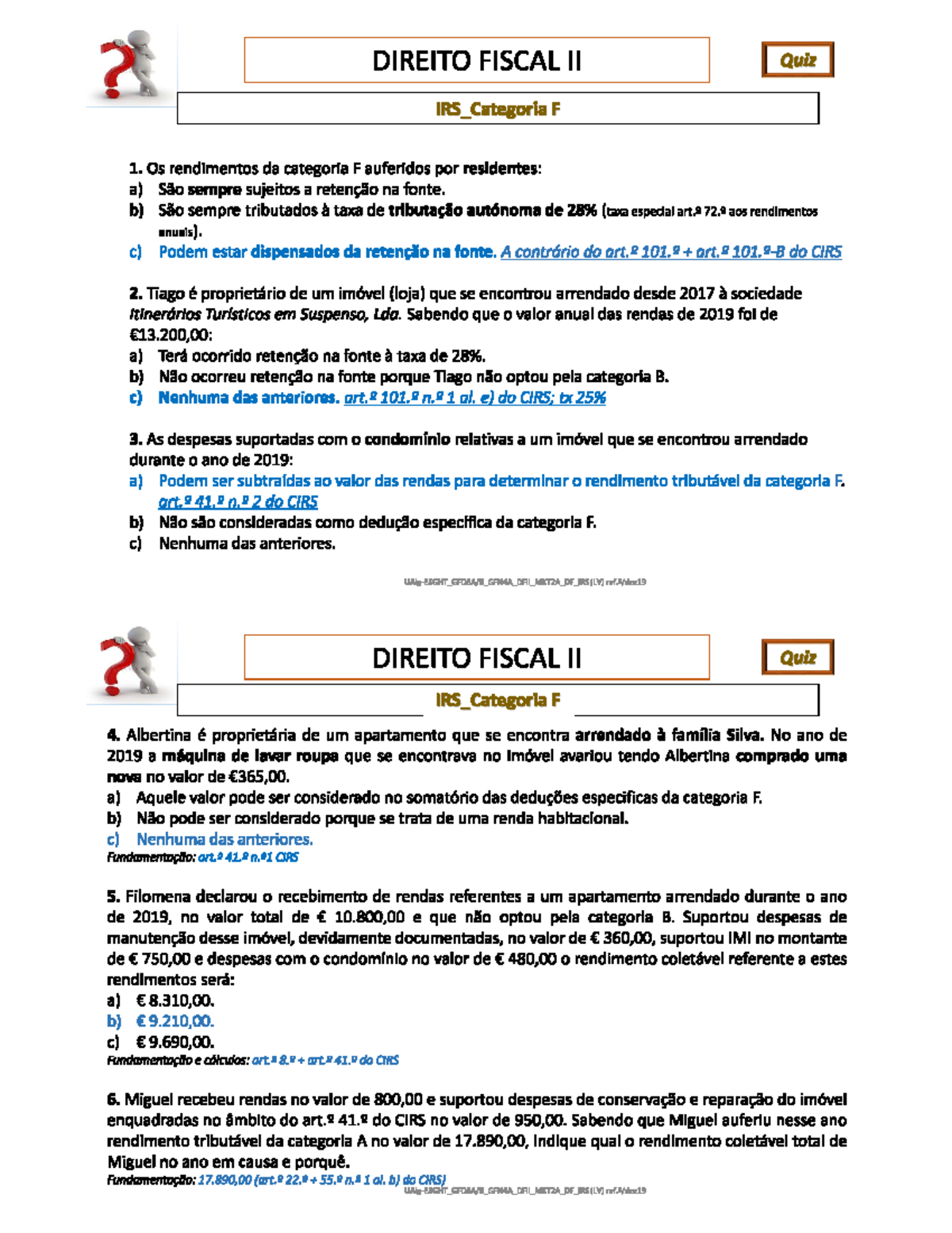 IRS Quiz Categoria F(resolução) - DIREITO FISCAL II - Studocu
