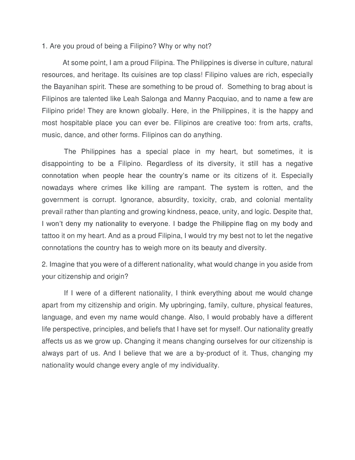 my concept of self as a filipino essay brainly