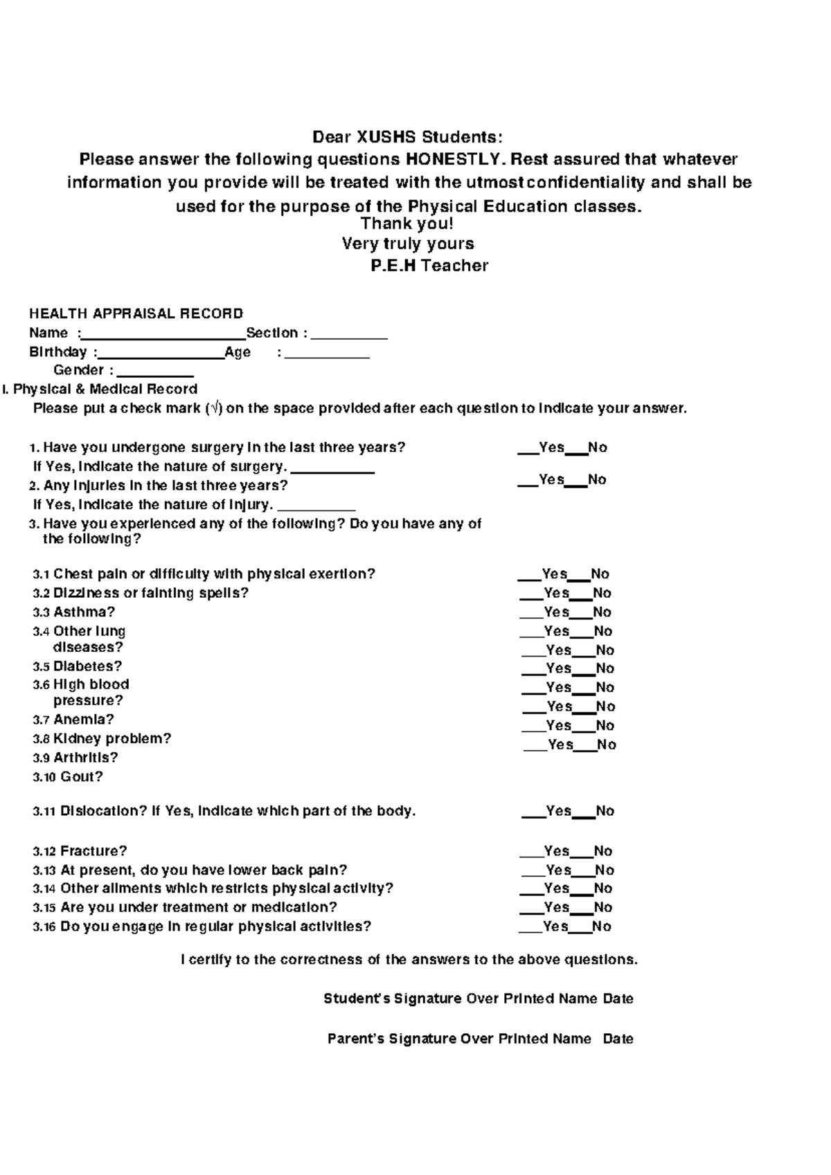 Health Related Fitness Test - Dear XUSHS Students: Please answer the ...