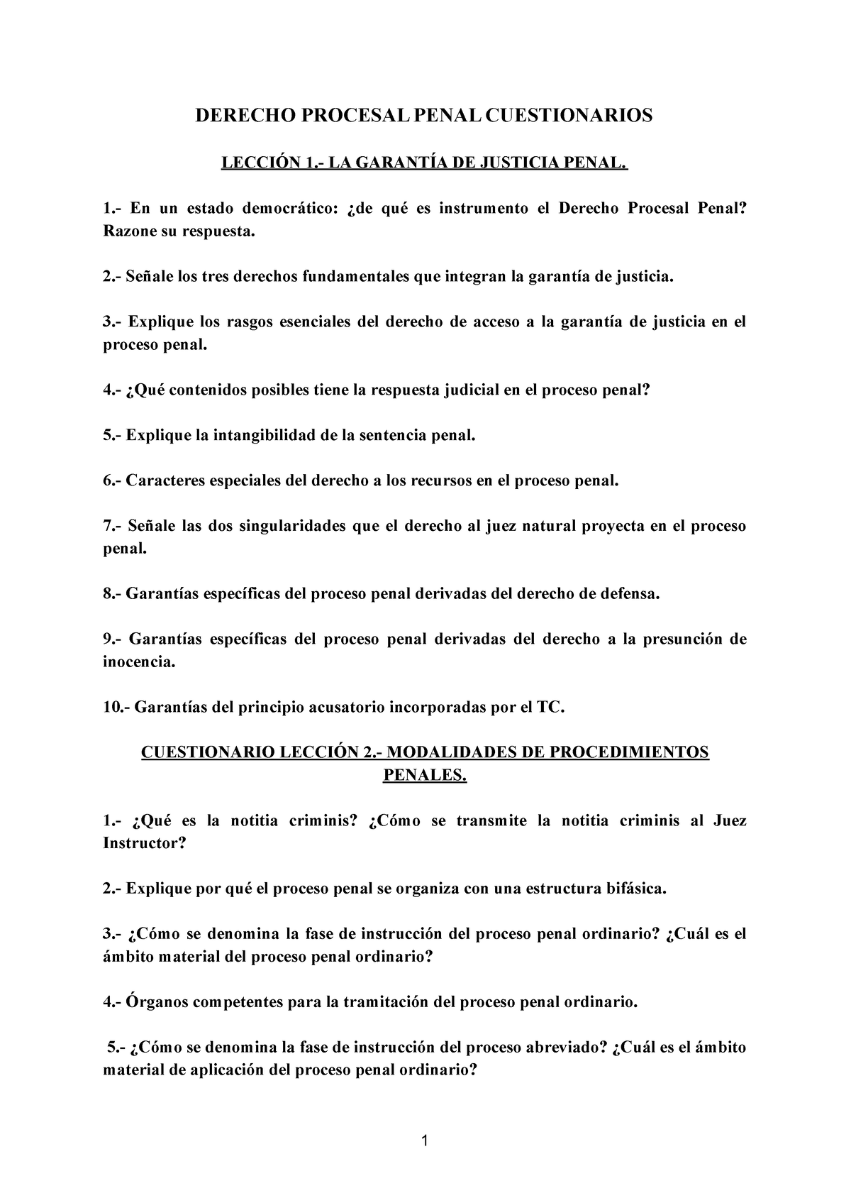 Derecho Procesal Penal Cuestionarios Derecho Procesal Penal Cuestionarios Lecci N La