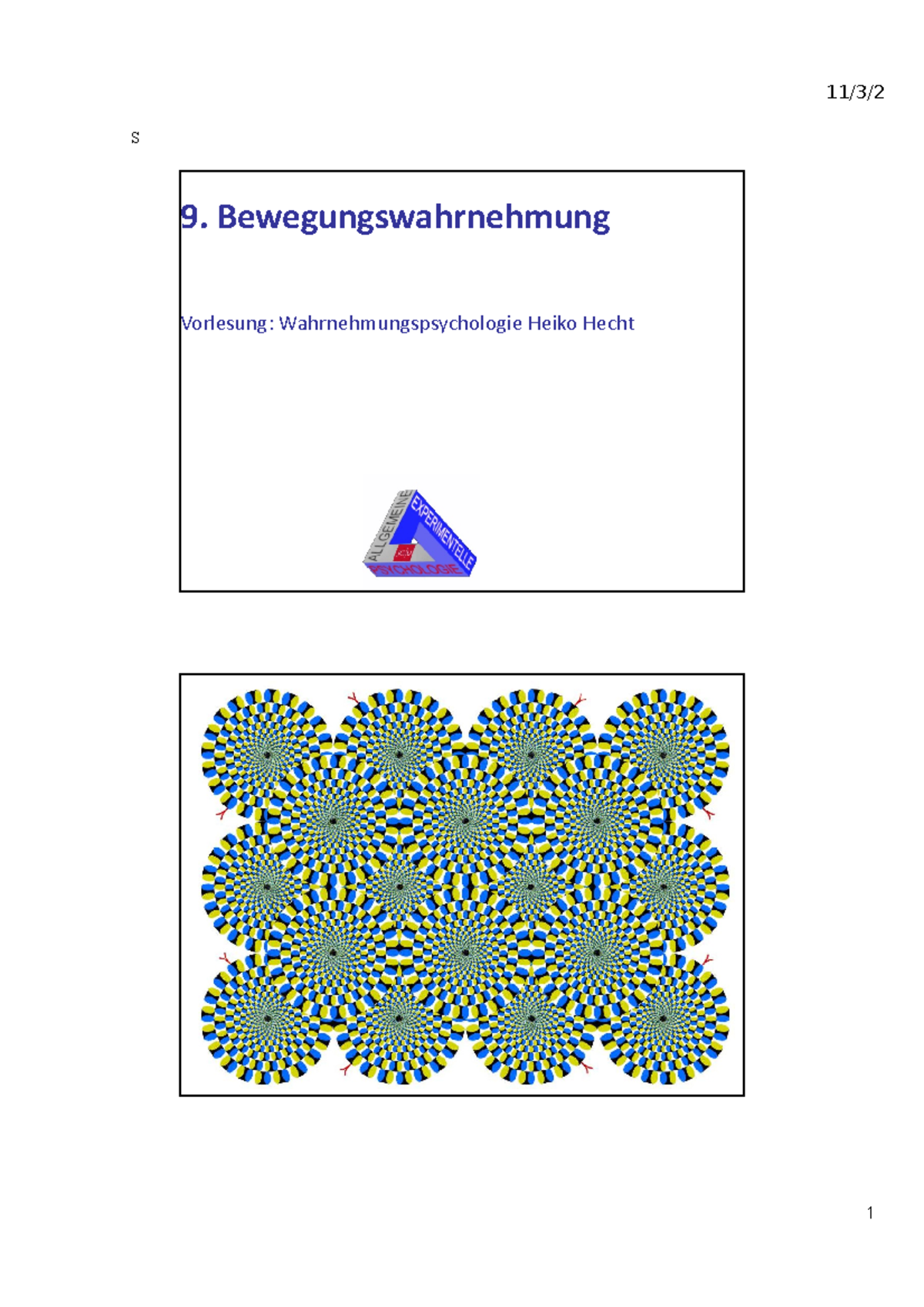 VL 9; Bewegungswahrnehmung - S 9. Bewegungswahrnehmung Vorlesung ...