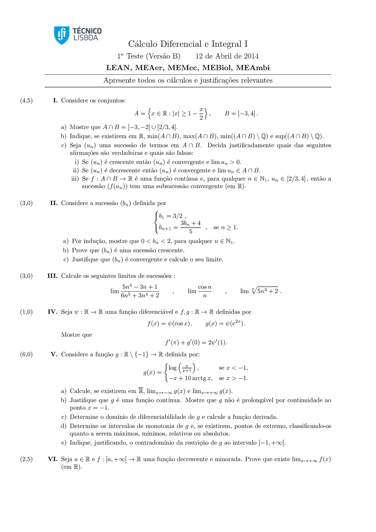 Prova 2014, Questões - C´alculo Diferencial E Integral I 1o Teste (Vers ...