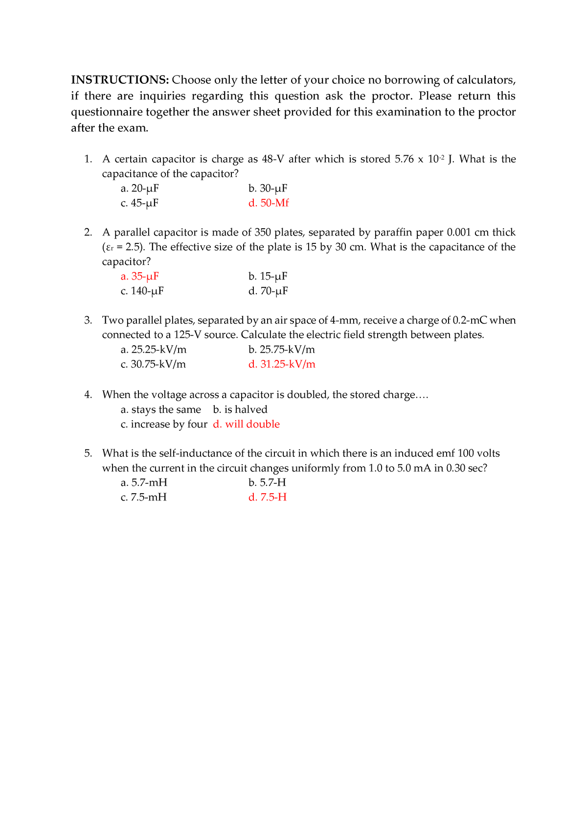 Circuits - Question and Solution - INSTRUCTIONS: Choose only the letter ...