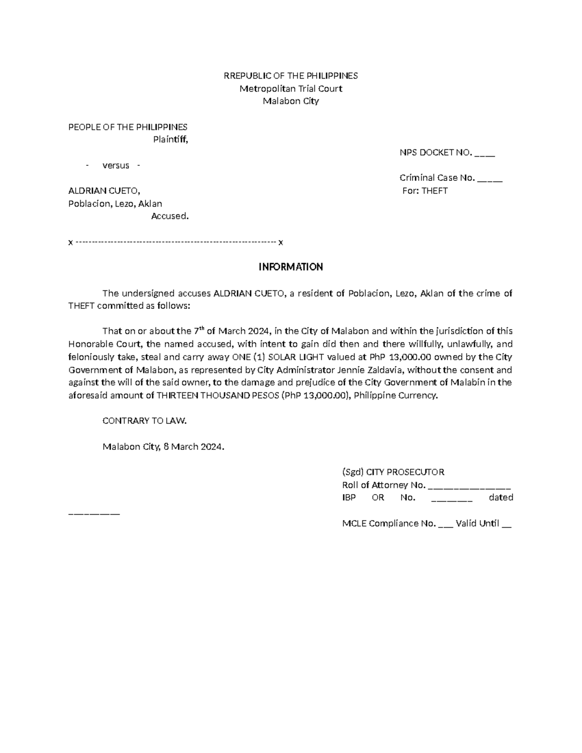 Legal Form - Information - RREPUBLIC OF THE PHILIPPINES Metropolitan ...