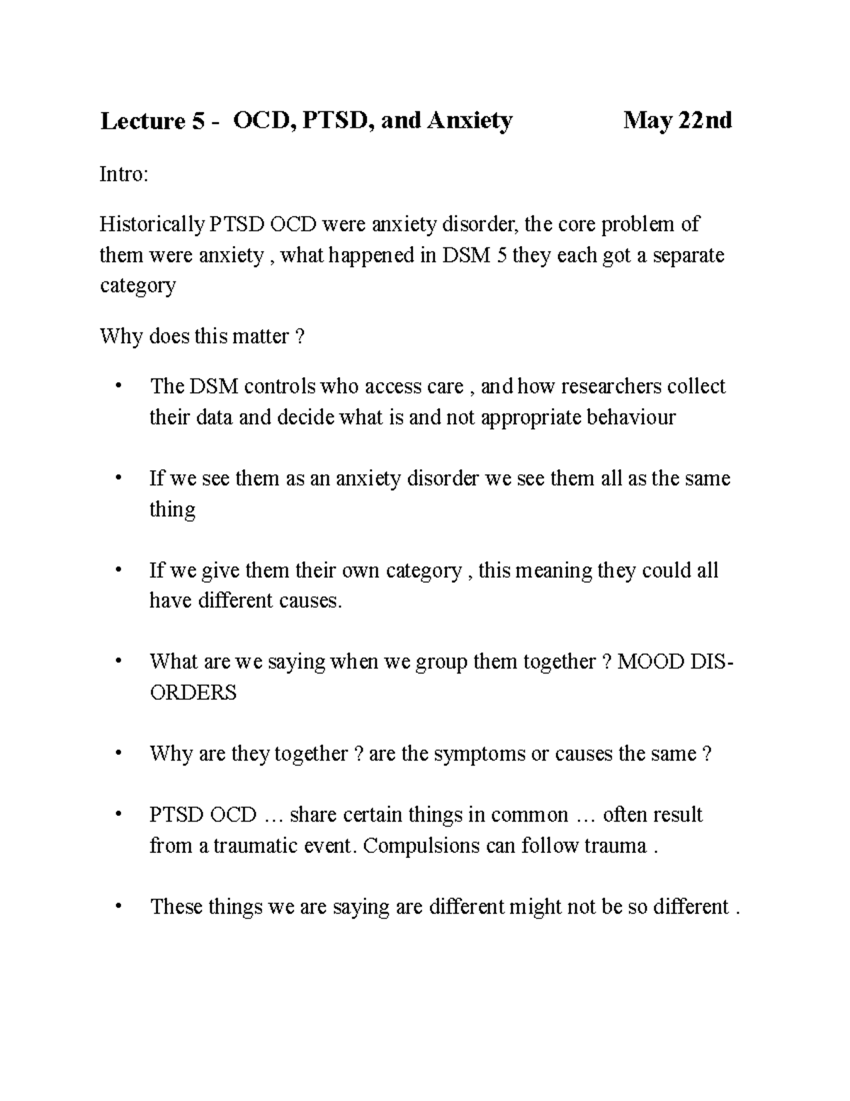 Lecture 5 - OCD, PTSD, and Anxiety - May 22nd - Lecture 5 - OCD, PTSD ...
