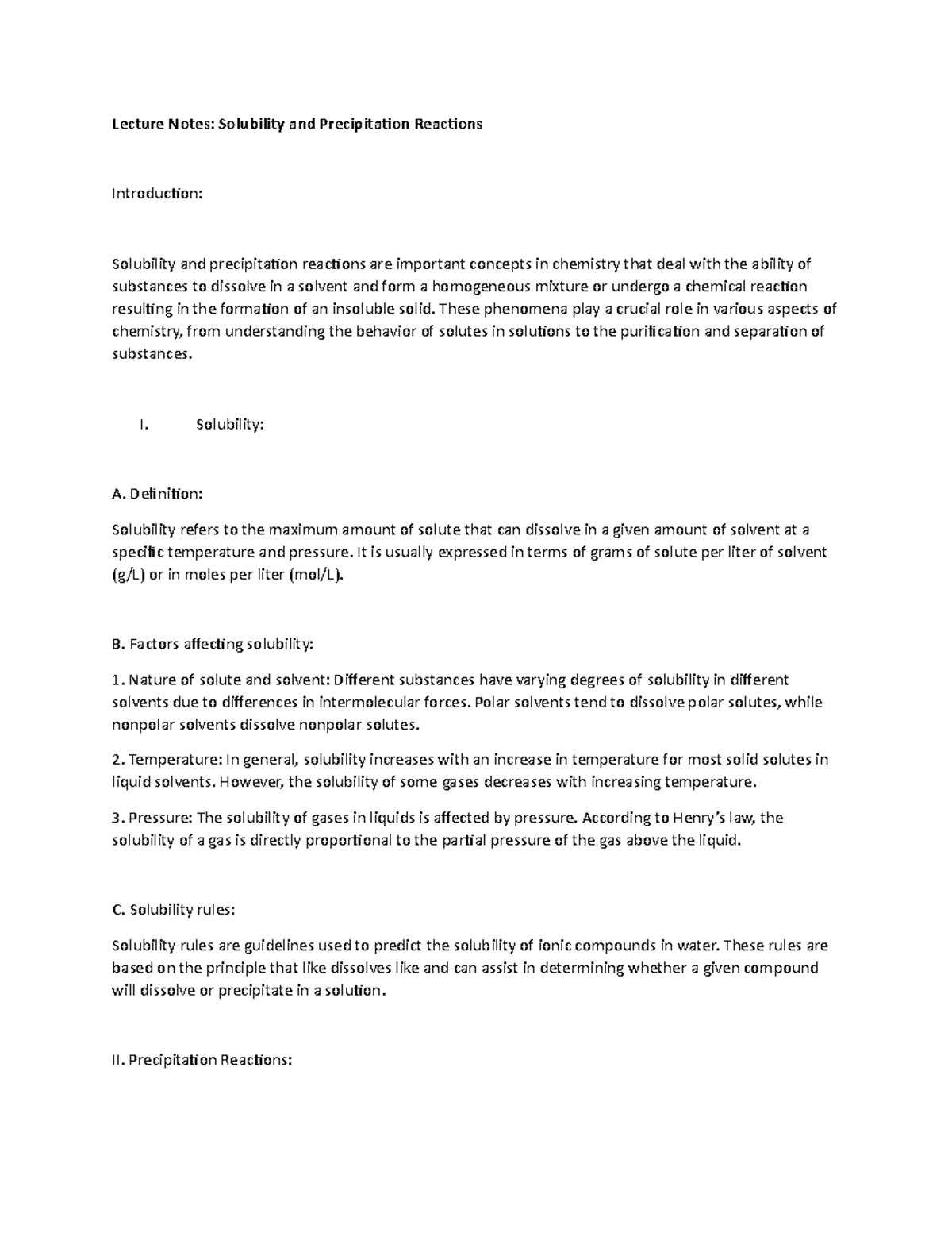 Lecture Notes: Solubility And Precipitation Reactions - Lecture Notes ...