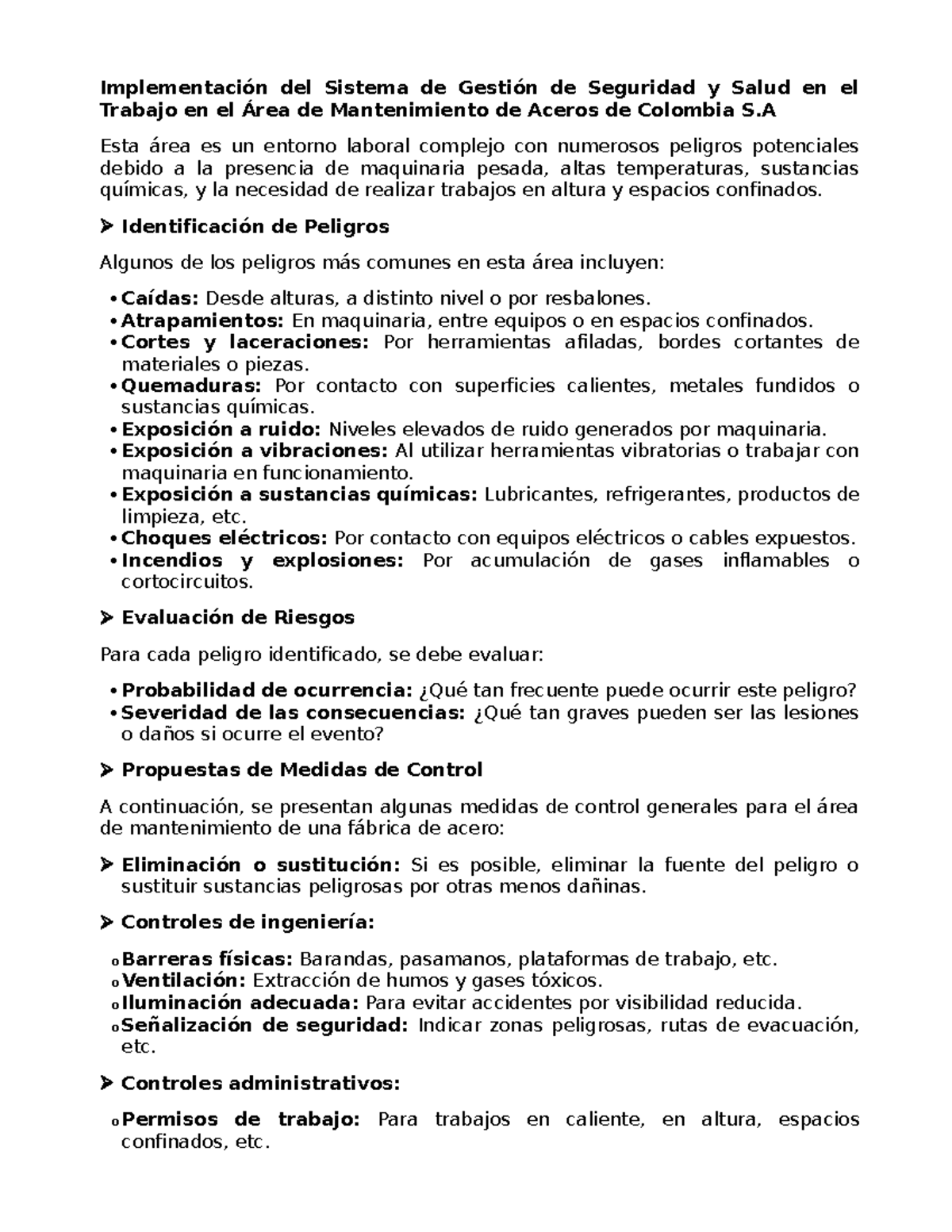 Trabajo Sst Area De Mantenimiento Implementaci N Del Sistema De Gesti N De Seguridad Y Salud