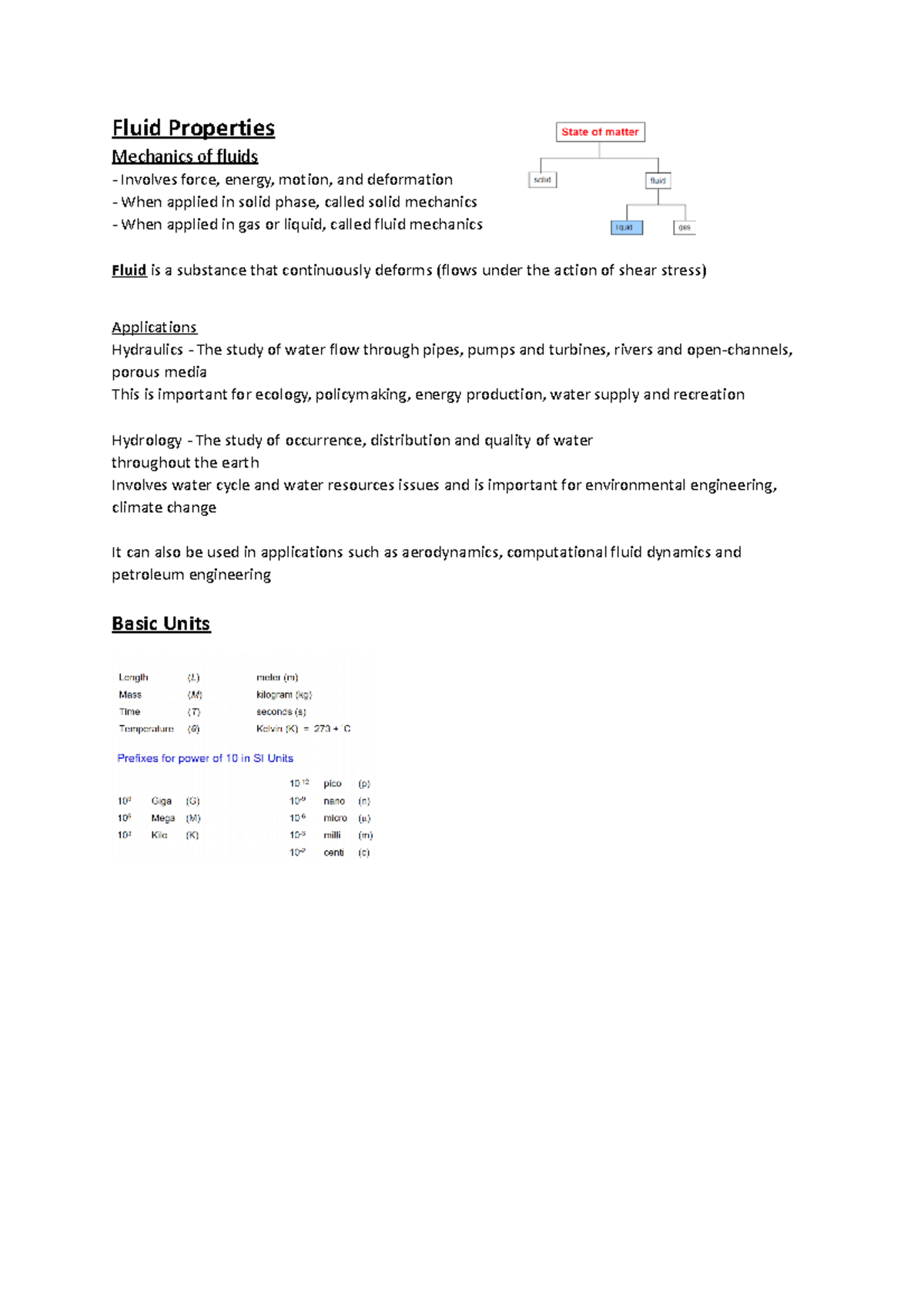 Water Engineering Notes - Fluid Properties Mechanics of fluids Involves ...