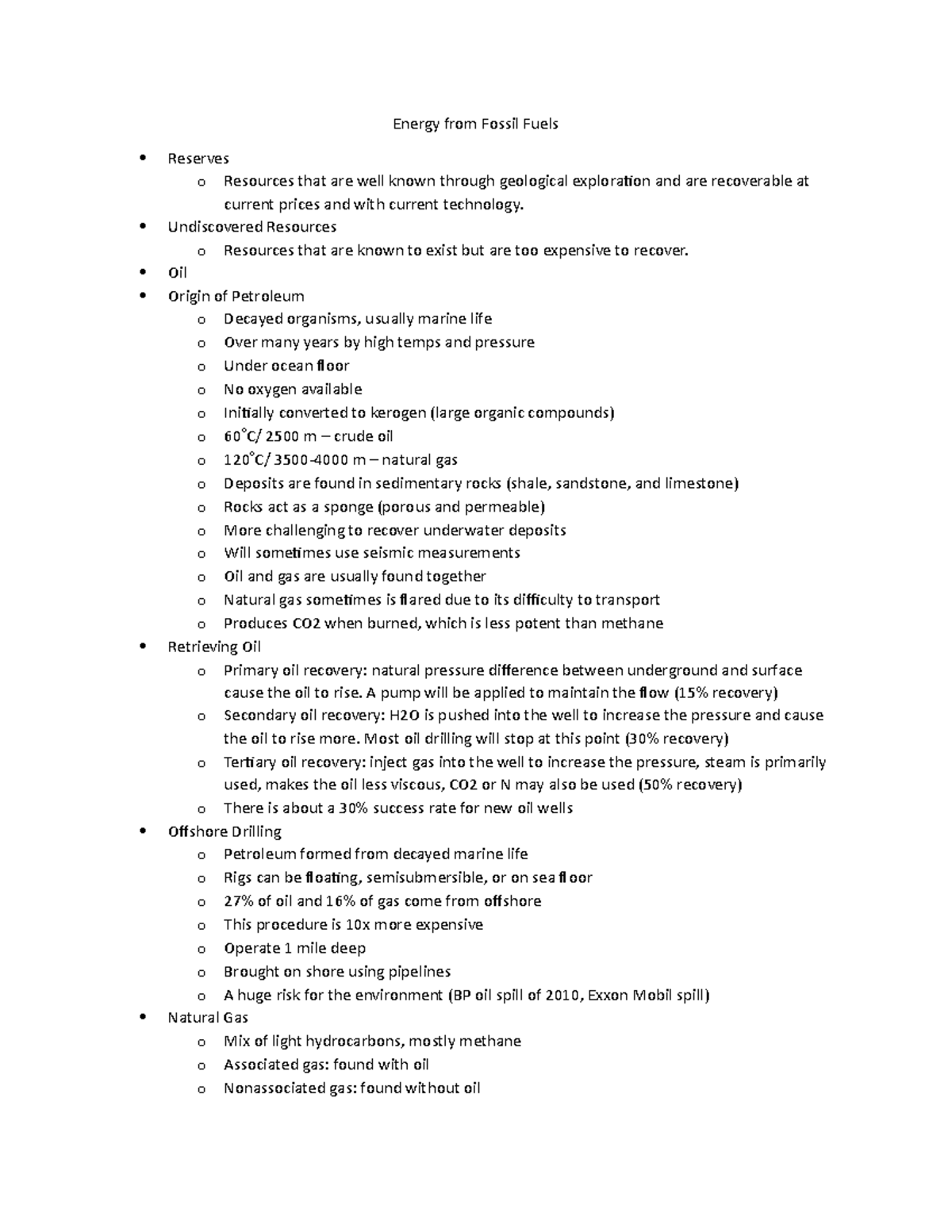 Ch 7 Alt. En. Notes Fossil Fuels Energy from Fossil Fuels Reserves o