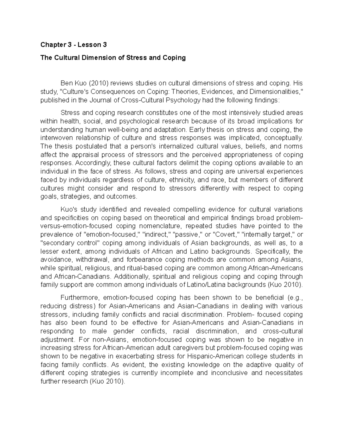 The Cultural Dimension of Stress and Coping - His study, "Culture's ...