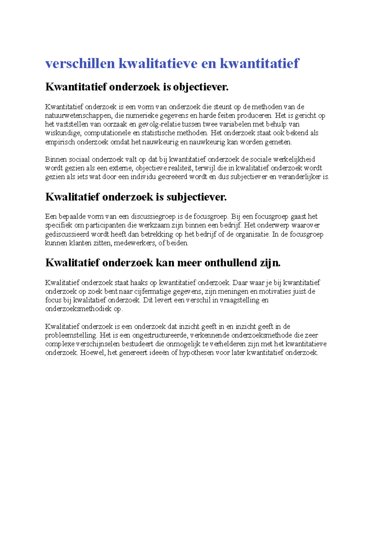 Verschillen Kwalitatieve En Kwantitatief - Verschillen Kwalitatieve En Kwantitatief  Kwantitatief - Studeersnel