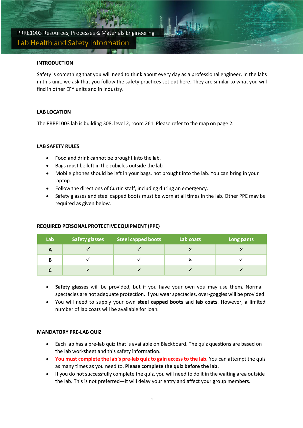 PRRE1003 Lab Health And Safety Information - INTRODUCTION Safety Is ...