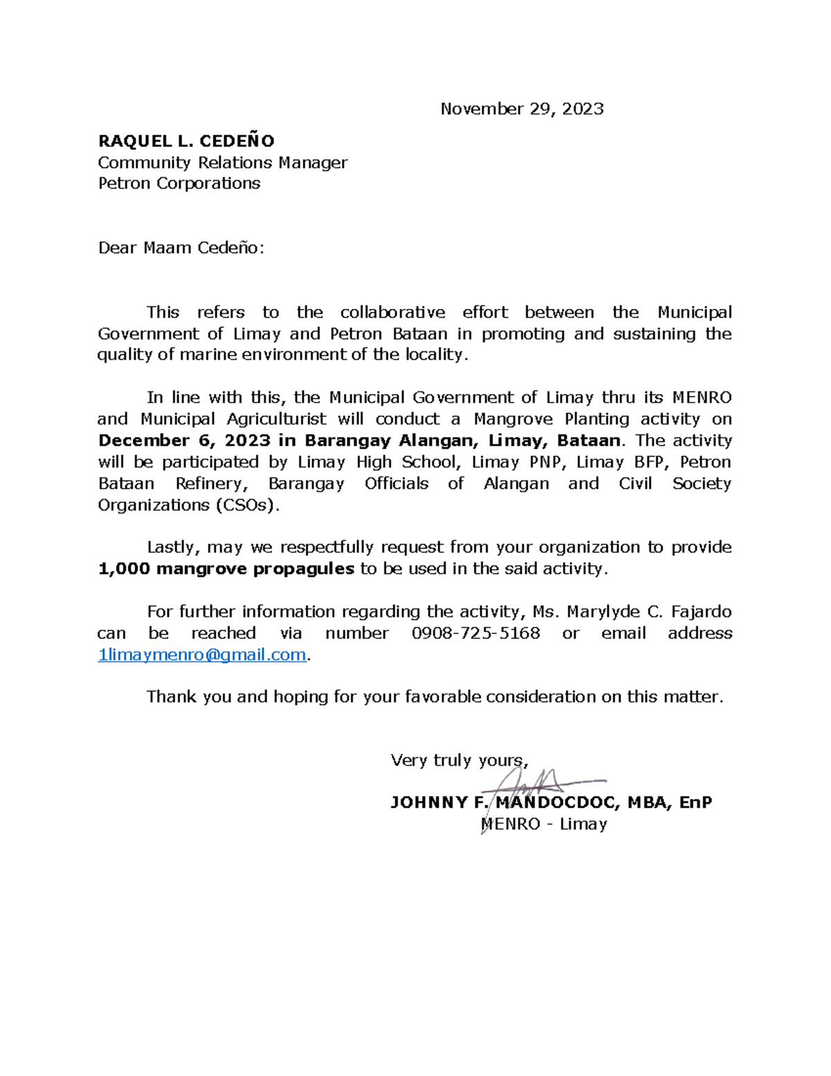 Letter to Petron Mangrove - November 29, 2023 RAQUEL L. CEDEÑO ...